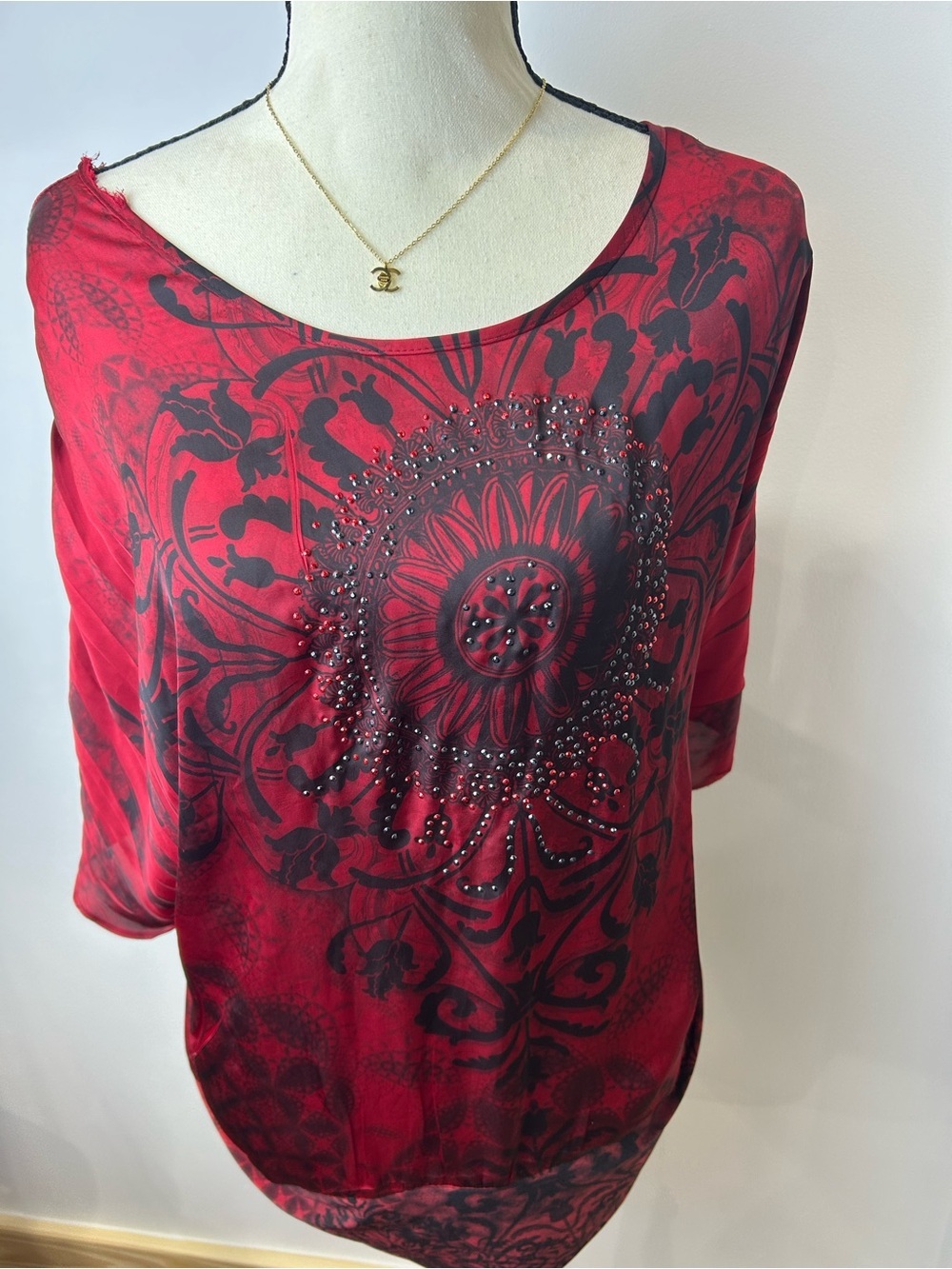 Cato Red Scoop Neck Tunic with Black Floral Medallion and Studs